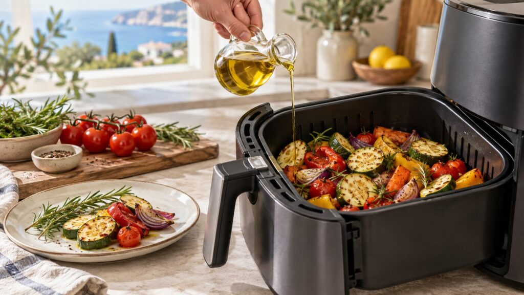Verduras asadas en freidora de aire con aceite de oliva virgen extra anadido desde una aceitera.