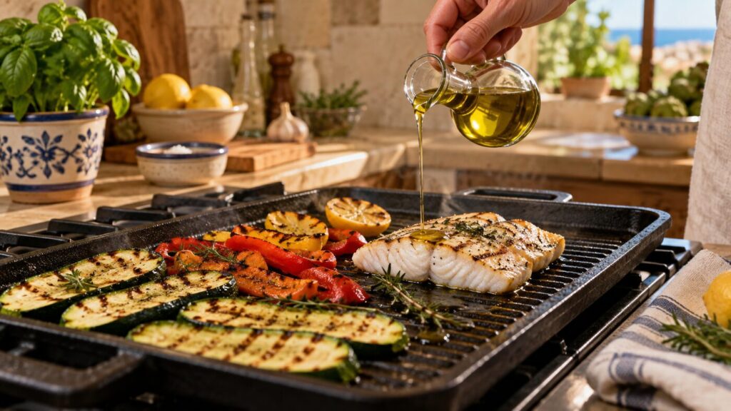 Pescado y verduras en plancha con aceite de oliva virgen extra anadido desde una aceitera.