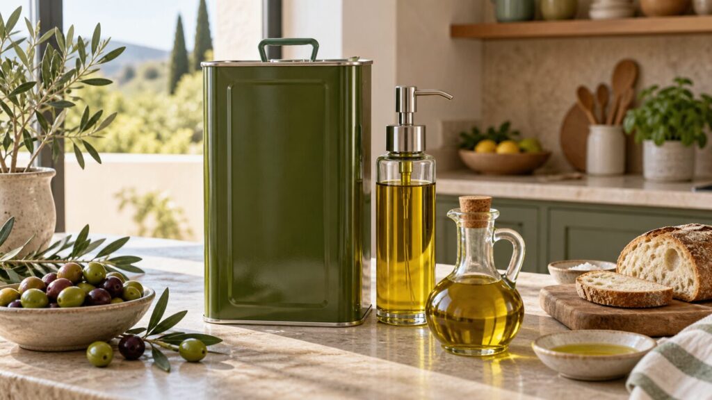 Garrafa de AOVE con bomba dosificadora y aceitera en una cocina mediterranea.