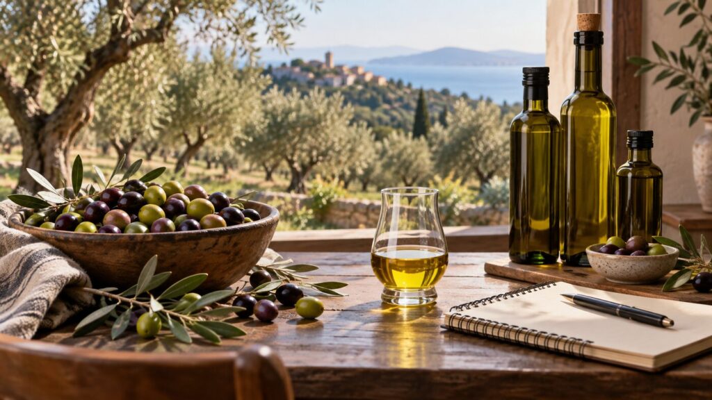 Mesa con aceitunas, botellas de AOVE sin marca y olivar al fondo en luz de septiembre.