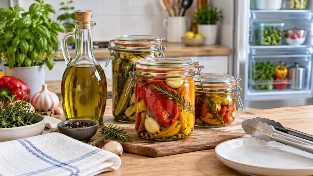 Tarros limpios de verduras en aceite de oliva virgen extra preparados en una cocina.